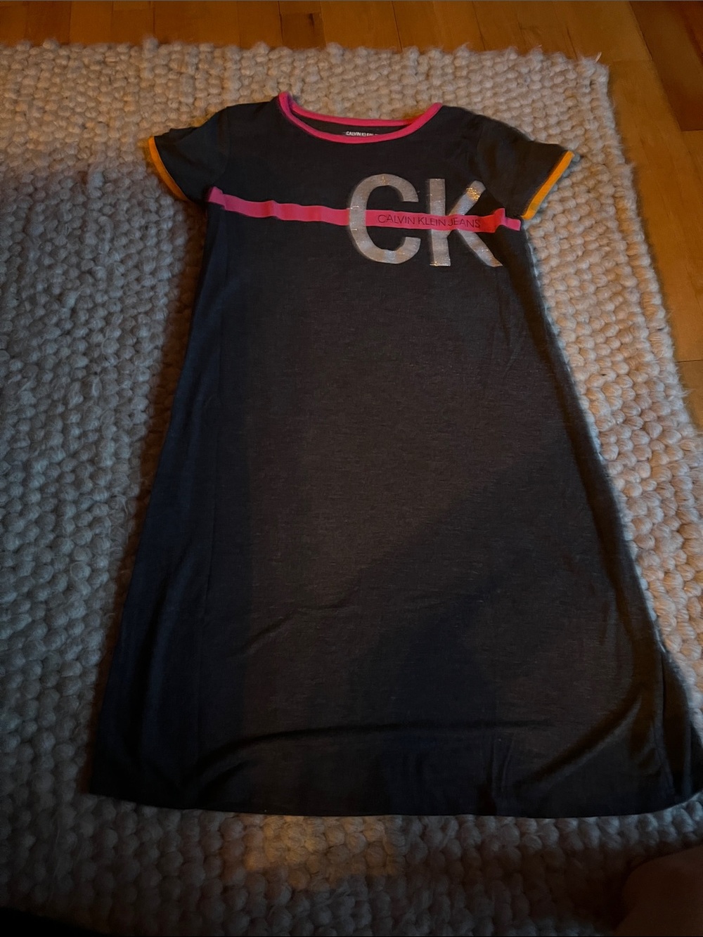 Calvin Klein Jeans Charcoal Dress with Pink Stripe and Orange Trim